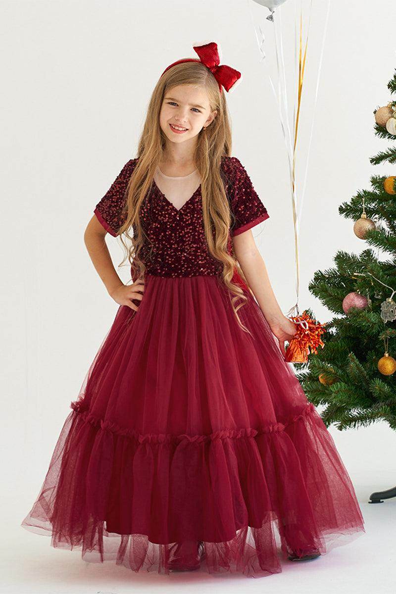 A-Line Maxi Sequined Tulle Flower Girl Dress 735143524780 - COCOMELODY